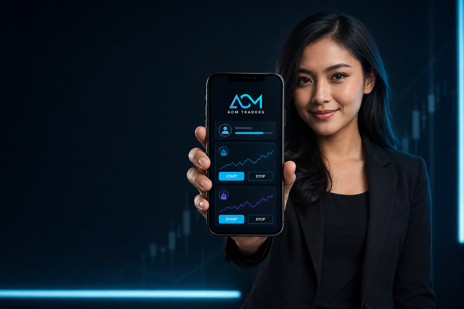 AOM Traders App displayed on a smartphone